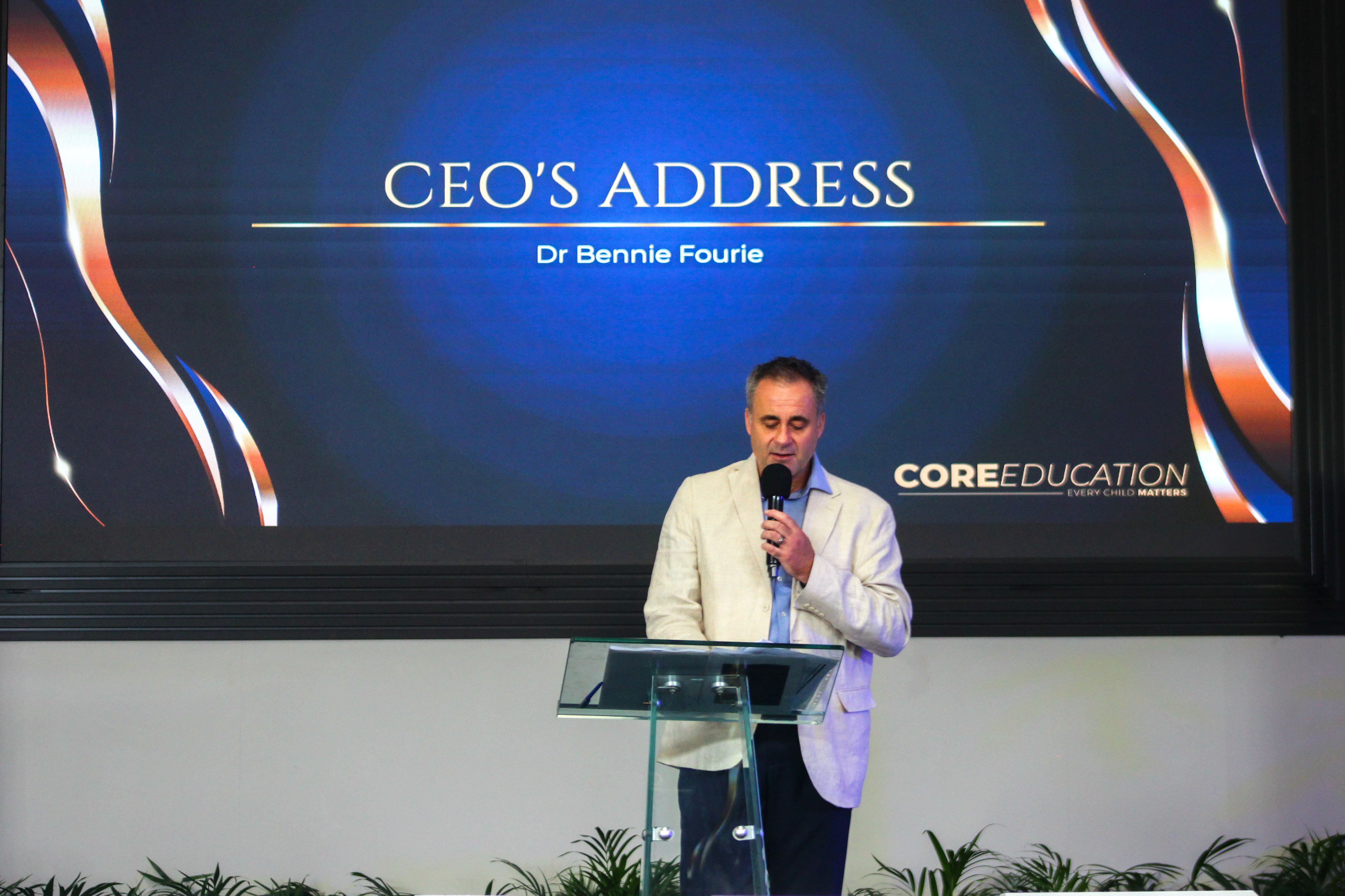 Core Education CEO Dr Bennie Fourie addressing attendees at the 2026 Awards Ceremony